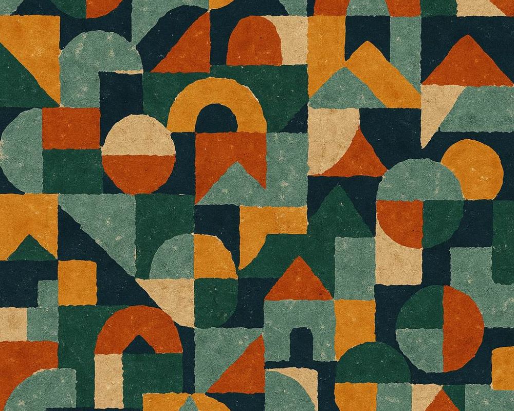 Colorful geometric pattern featuring bold shapes in earthy tones of orange, green, gold, and teal—used in VERVE Columbus branding to reflect creativity and energy.