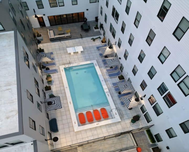 The Verve Columbus student apartments pool area aerial view