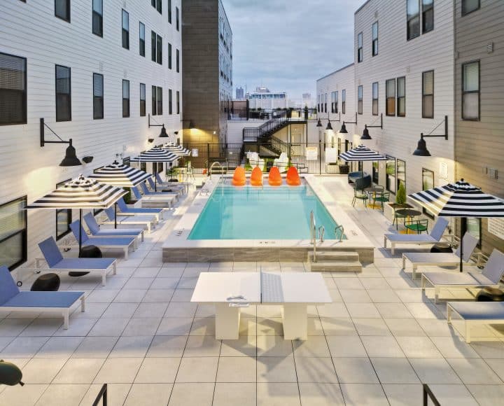 The Verve Columbus student apartments view of poolside lounge
