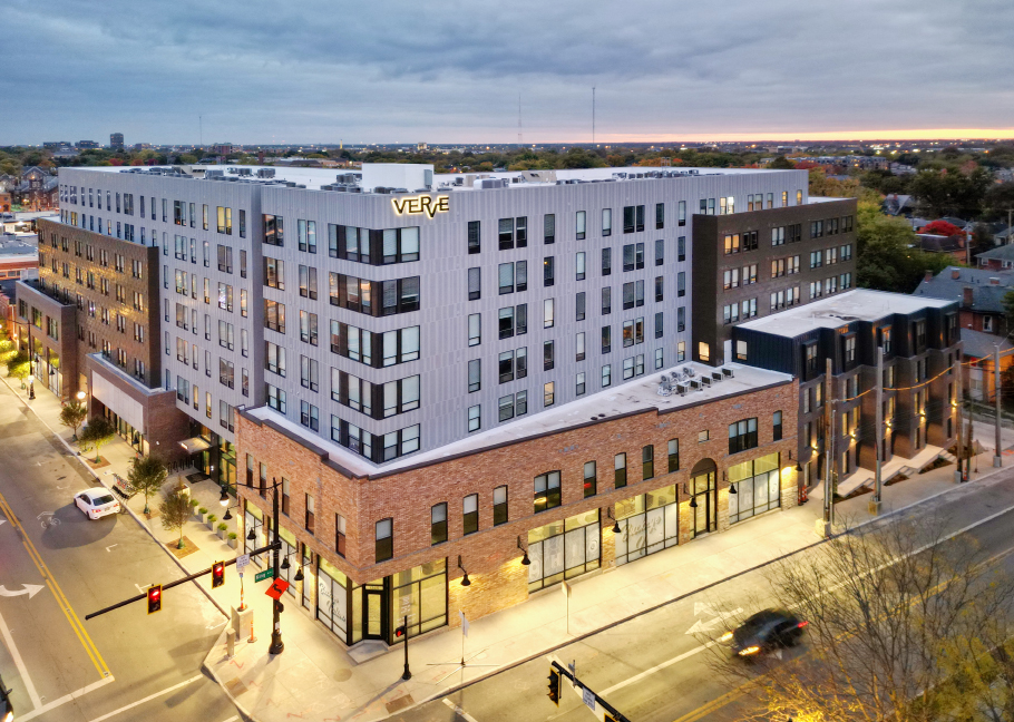 The Verve Columbus luxury student apartments aerial view from drone
