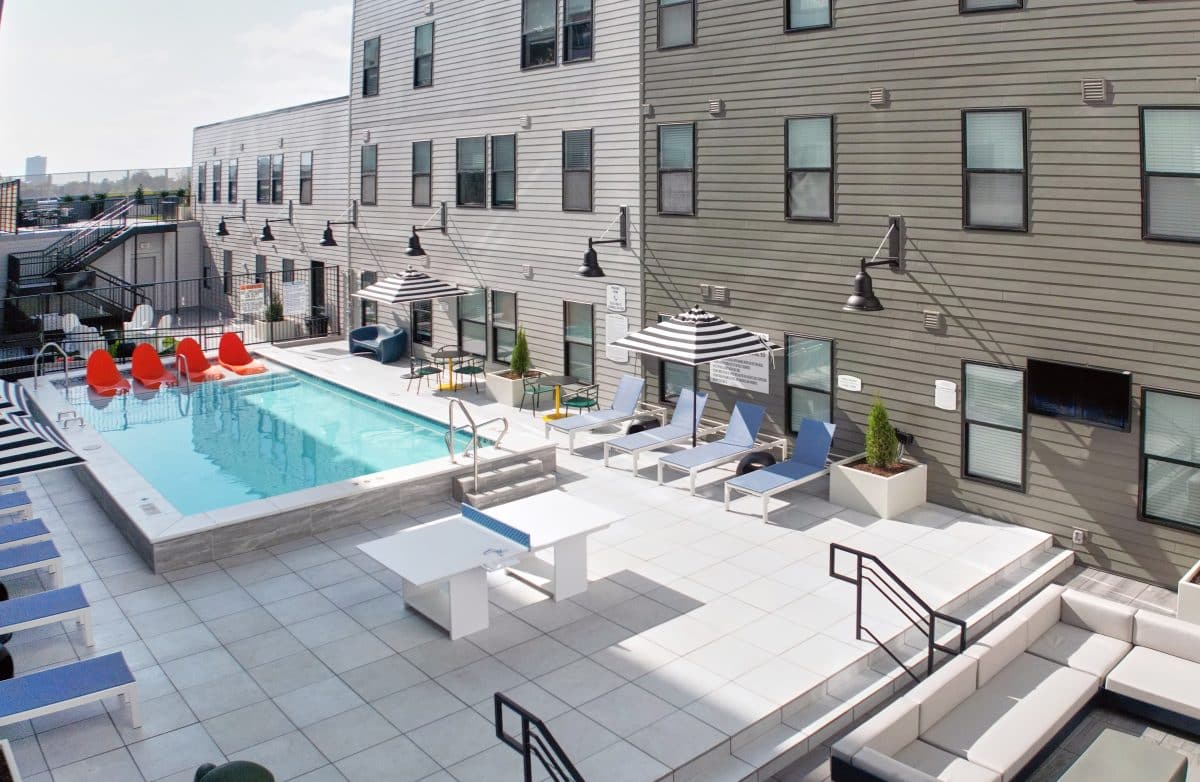The Verve Columbus luxury student apartments poolside area, alternate view