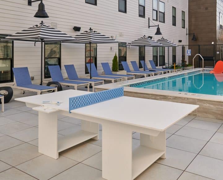 The Verve Columbus student apartments pool area, alternate view with table tennis
