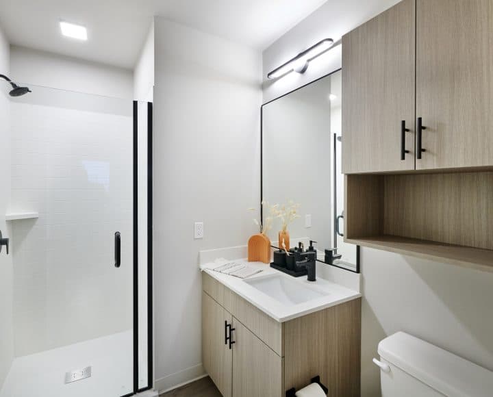 The Verve Columbus luxury student apartments in-unit bathroom sink and shower